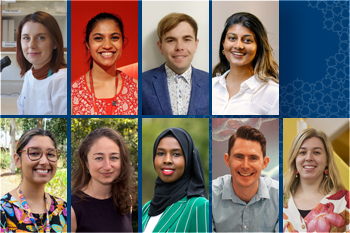 A collage of nine early career researchers with the Academy's logo